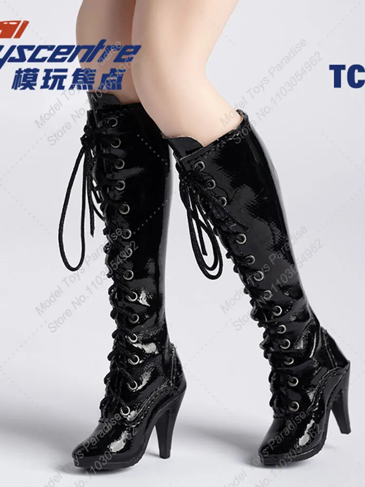 TCT-037 1/6 Scale Women Soldier High Heels Round Toe Thick Heeled Black Strappy High Boots Fit 12'' Action Figure Model