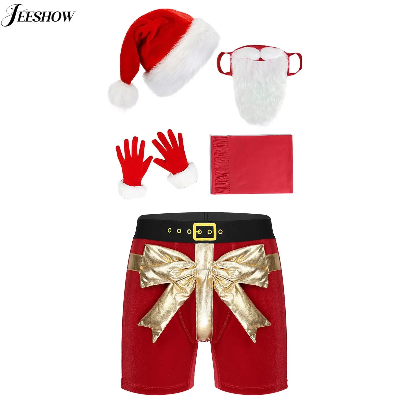 Mens Sexy Christmas Costume Santa Claus Underwear Sets Metallic Bowknot Velvet Boxer Shorts with Santa Hats Beard Gloves Scarf