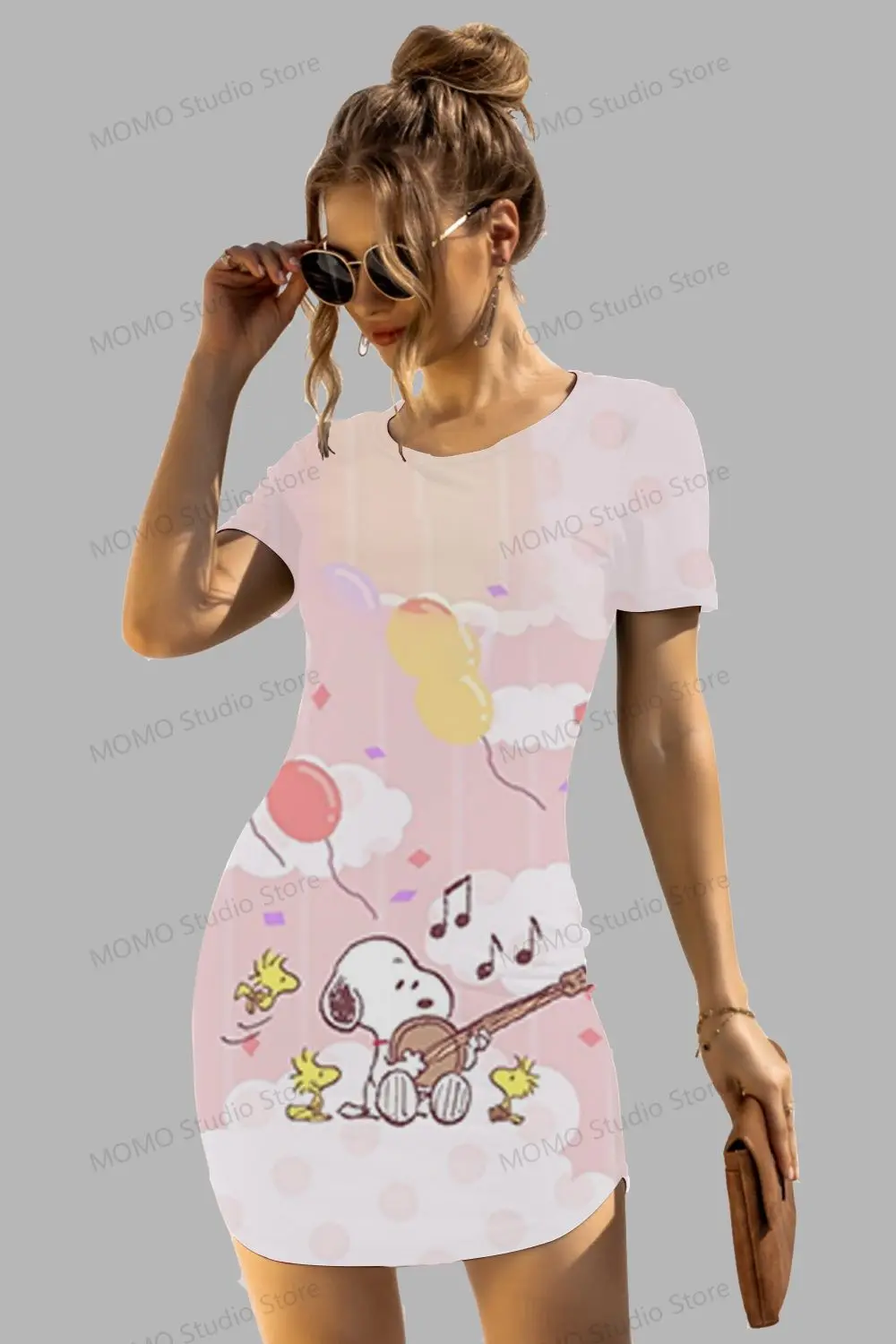 

Snoopy Women's Short Sleeve Hip Dresses Kawaii Spicy Girl Dress Boho O Neck 2024 S-3XL Y2k Summer Fashion New Elegant