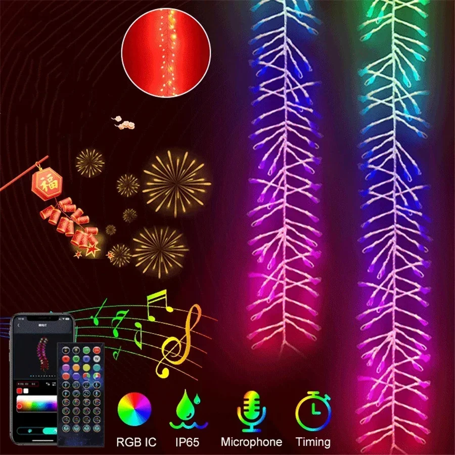 

RGB IC Smart App Controled Christmas Garland String Lights Outdoor 2 IN 1 1.68M Firecracker Fairy Lights for Holiday Party Decor