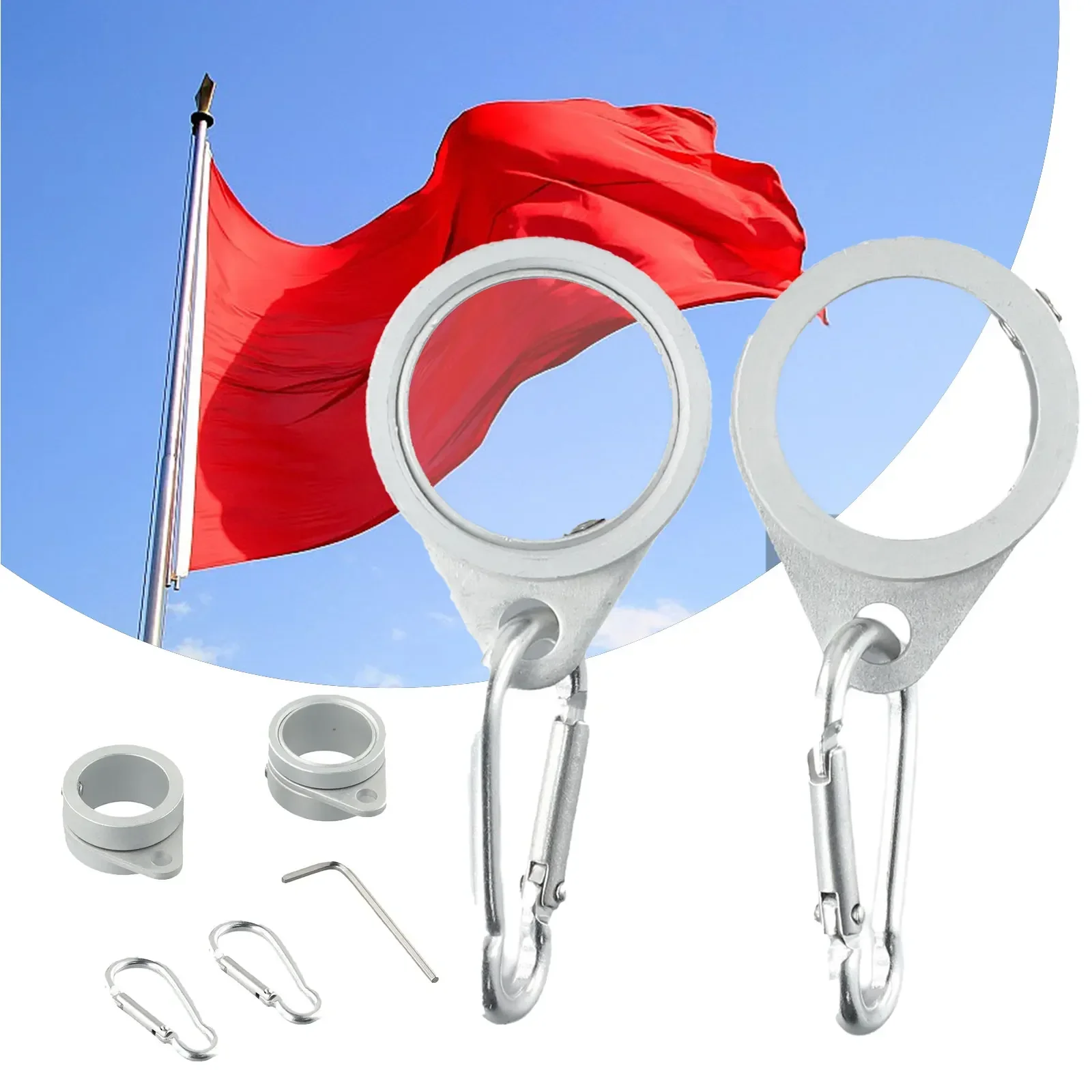 2Pcs Aluminum Alloy Flag Pole Rings Degree Rotating Flagpole Mounting Rings Kit With Carabiner For 0.75-1.02Inch Flagpole