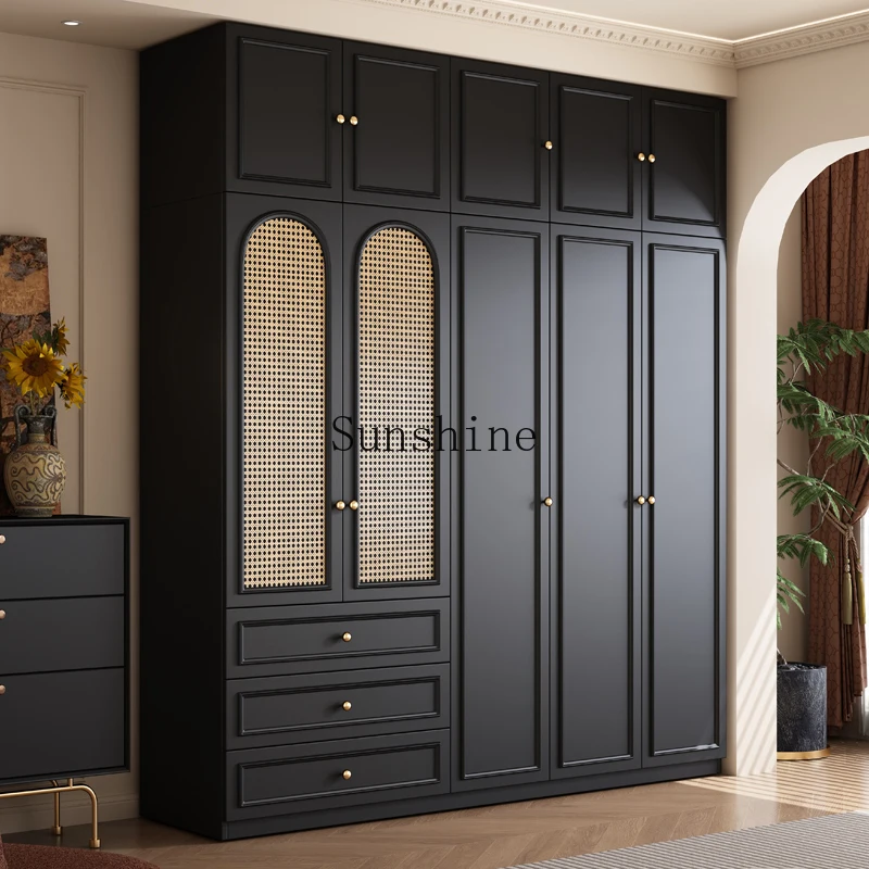 Black Wardrobe Rattan Door Home Bedroom Wardrobe