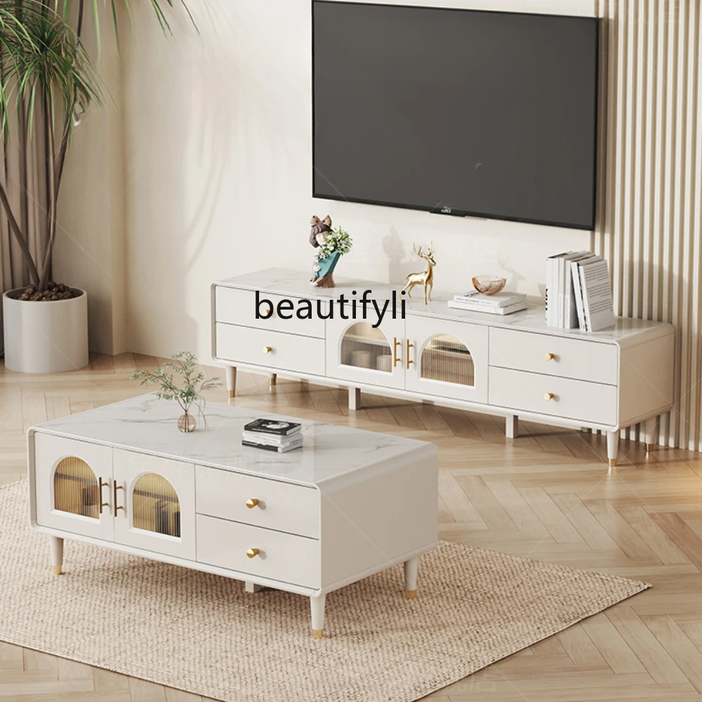 

Cream Style TV Cabinet and Tea Table Combination Simple Modern Living Room Home Storage Cabinet Integrated