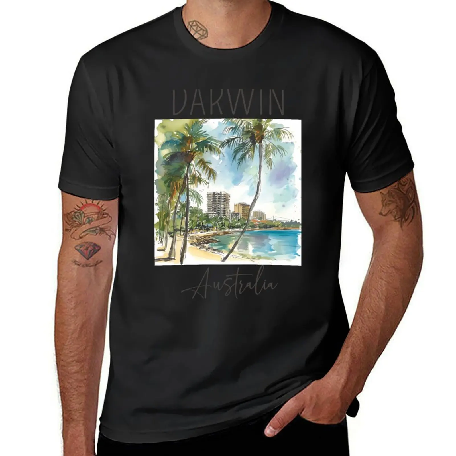 Watercolor Design of Darwin - Australia T-Shirt Short sleeve tee vintage T-shirt men