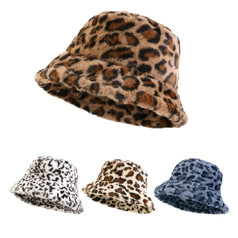 

New Women Leopard Print Winter Plush Bucket Hat Thick Soft Warm Coldproof Fisherman Cap Panama Hats Outdoor Sun Protection Caps