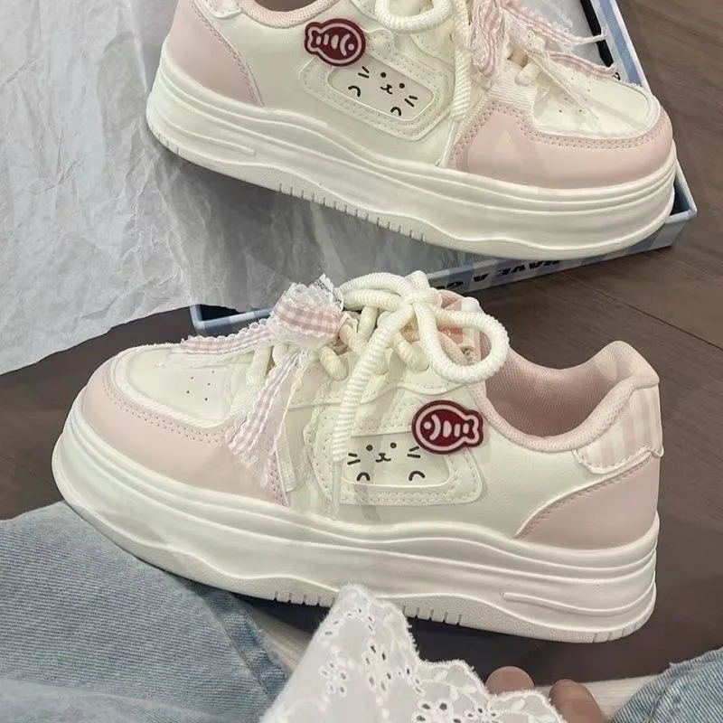 2026 Kawaii Blue Bow Platform Sneakers Women Cream White Leather Casual Shoes Lace Up Sweet Lolita Student Daily Skate Footwear