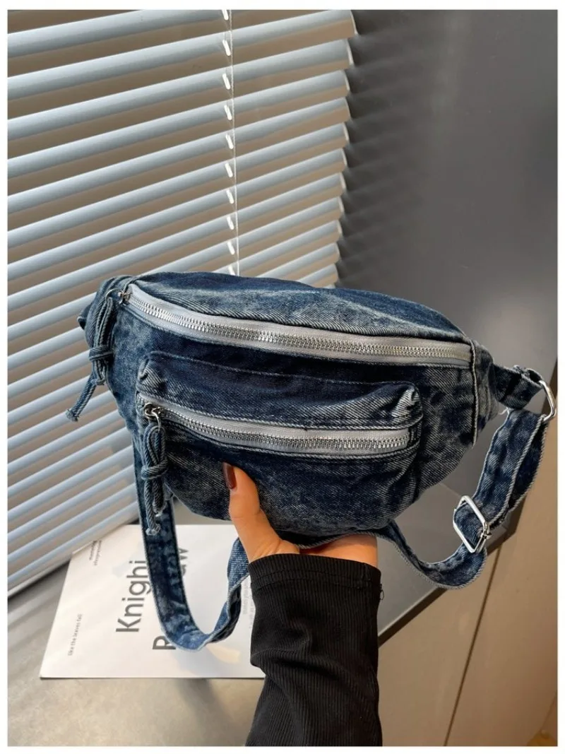Damen Vintage Washed Denim Tasche mit Mehreren Taschen, Verstellbarer Riemen Crossbody Gürteltasche für Tägliche Aufgaben und Outdoor-Aktivitäten – Detail 25