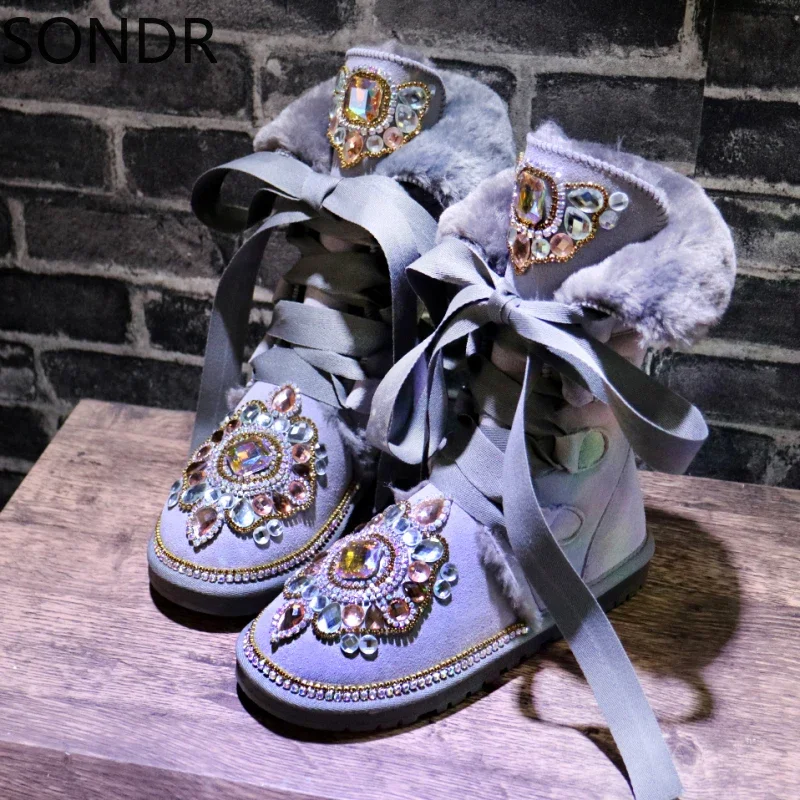 Womens Round Toe Rhinestones Rainbow Diamond Ankle Boots Warm Winter Snow Thick Bowknot Shoes Real Leather