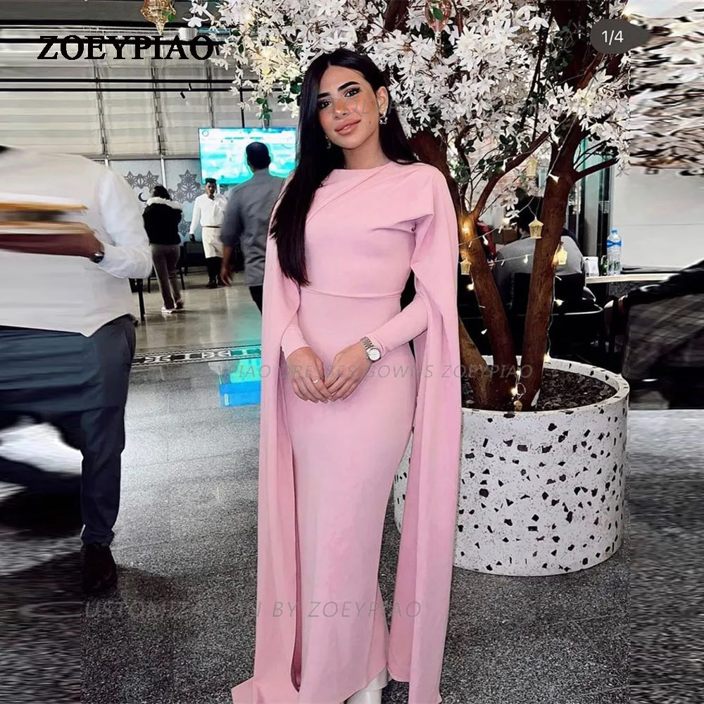 

Pink O Neck Long Satin Custom Prom Dresses Cape Sleeves Sheath Women Formal Evening Party Dress 2024 vestidos de gala mujer