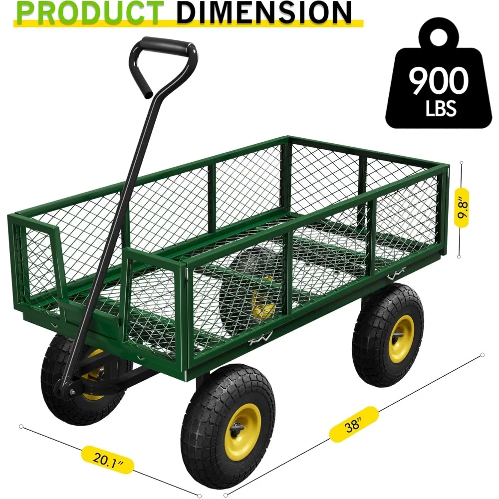 900ポンドスチールガーデンカート、頑丈なユーティリティワゴンカート、取り外し可能なメッシュサイド、10インチタイヤ、スイングアウトハンドル付き