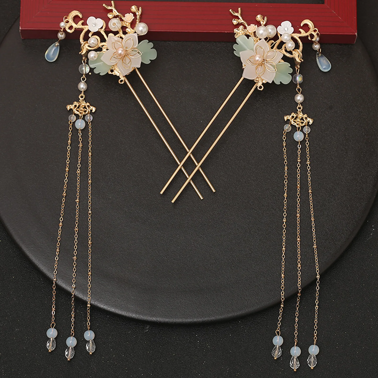 Haarnadeln mit langen Fransen, Set mit Blumen-Haarstäben für traditionelle chinesische Hanfu-Haaraccessoires, Vintage-Hochzeits-Haarschmuck-Sets – Detail 7