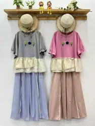 Mori kei clothing Japanese style vintage lace patchwork shirts and blouses for women summer cartoon tree embroider shirts
