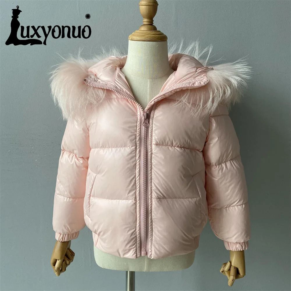 Luxyonuo Girl Child Down Jacket Winter Warm White Duck Down Coat With Real Raccoon Fur Collar Boy Baby Solid Color Hooded Jacket