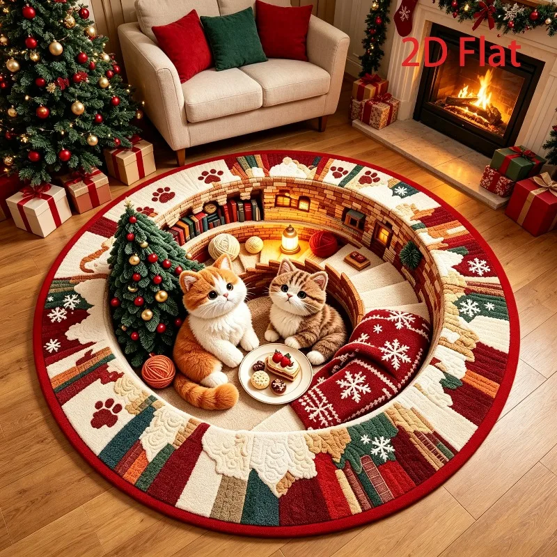 Christmas Cat House Optical Illusion Round Rug Cave House Festival Decor Plush Floor Mat Soft Fluffy Mat for Living Room Bedroom