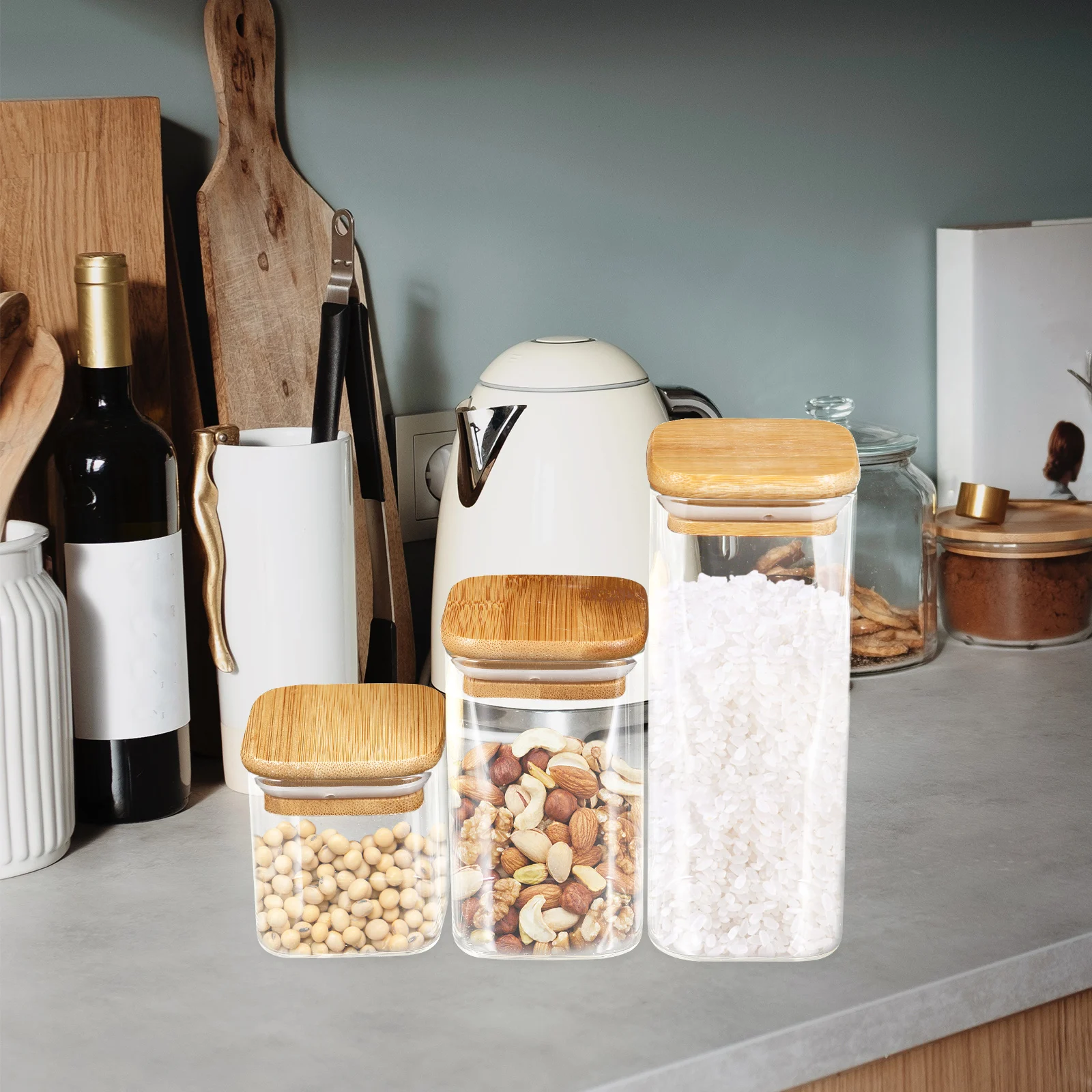 

3pcs Glass Storage Jar Containers Kitchen Seal Transparent Food Canister Bamboo Lid Dry Fruit Grain Can Sealing Bottle Storage