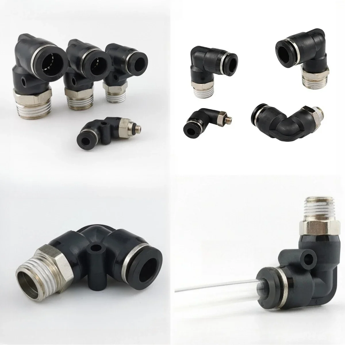 ‌PL4 Series Black Pneumatic Fittings - 90° L-Shaped Quick Connect Coupler M5/M6/M8 Thread for Air Compressor & Automation