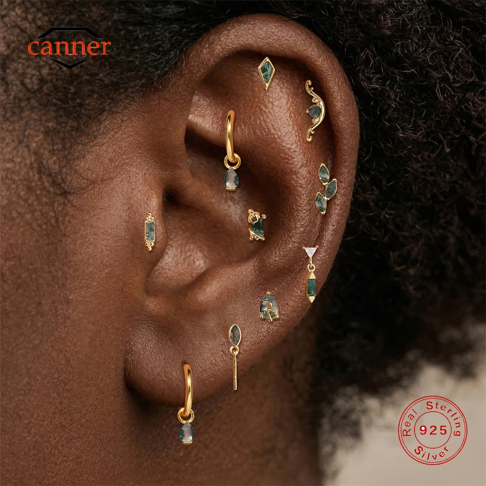 

CANNER 1PC Summer Natural Water Grass Agate Horse Eye 925 Sterling Silver Flat Head Piercing Ear Bone Nail For Women INS Earring