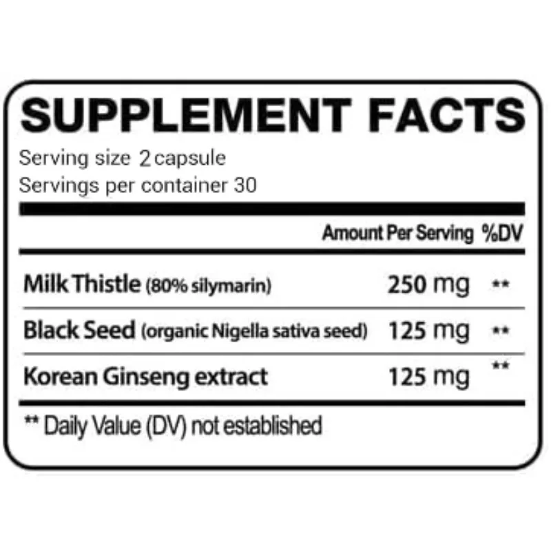 Milk Thistle, Black Seed, and Korean Ginseng Capsules Liver Health Support 60 Capsules