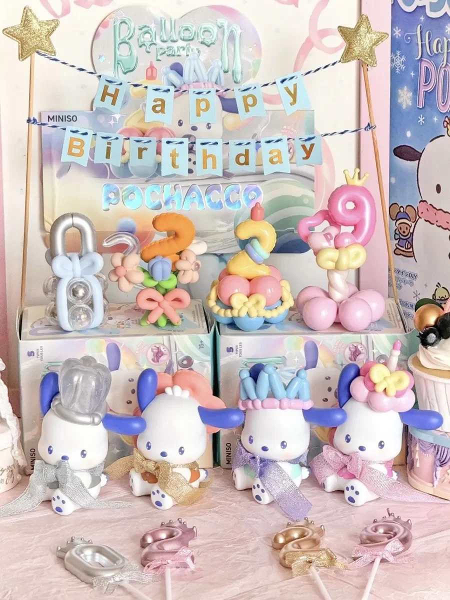 Anime Miniso Sanrio Pochacco Balloon Carnival Party Series Blind Box Figures Guess Bag Model Desktop Decoration Kids Gift Toys