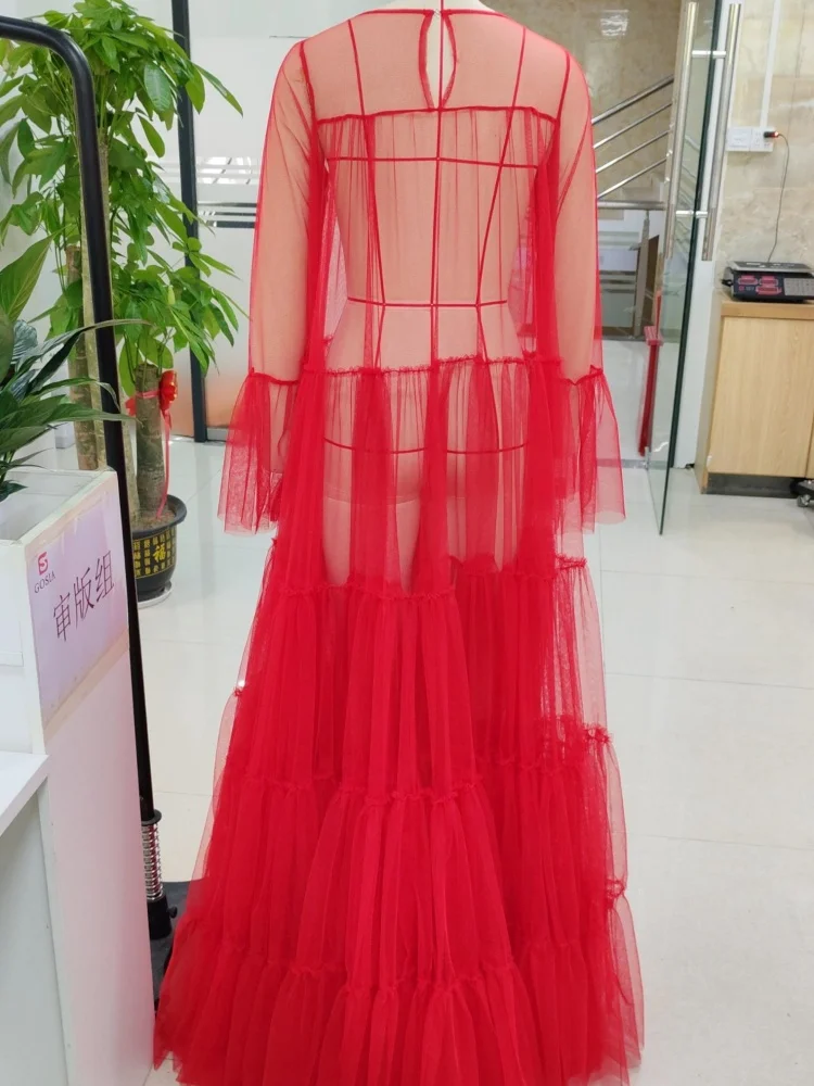 Lato 2025 nowa damska sukienka Maxi Sling Mesh z długim rękawem sukienki imprezowe typu swing plisowane ciasto Vestidos