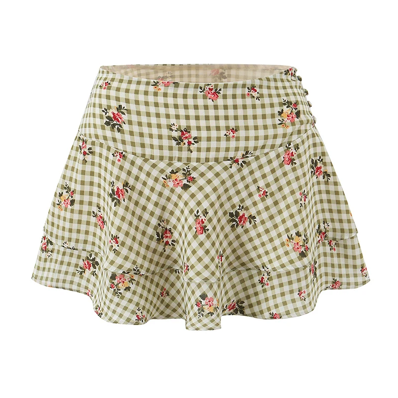 Summer Women's  Floral Print Plaid Mini Skirt High Waist Ruffle Layer  A-line Holiday Short Skirt