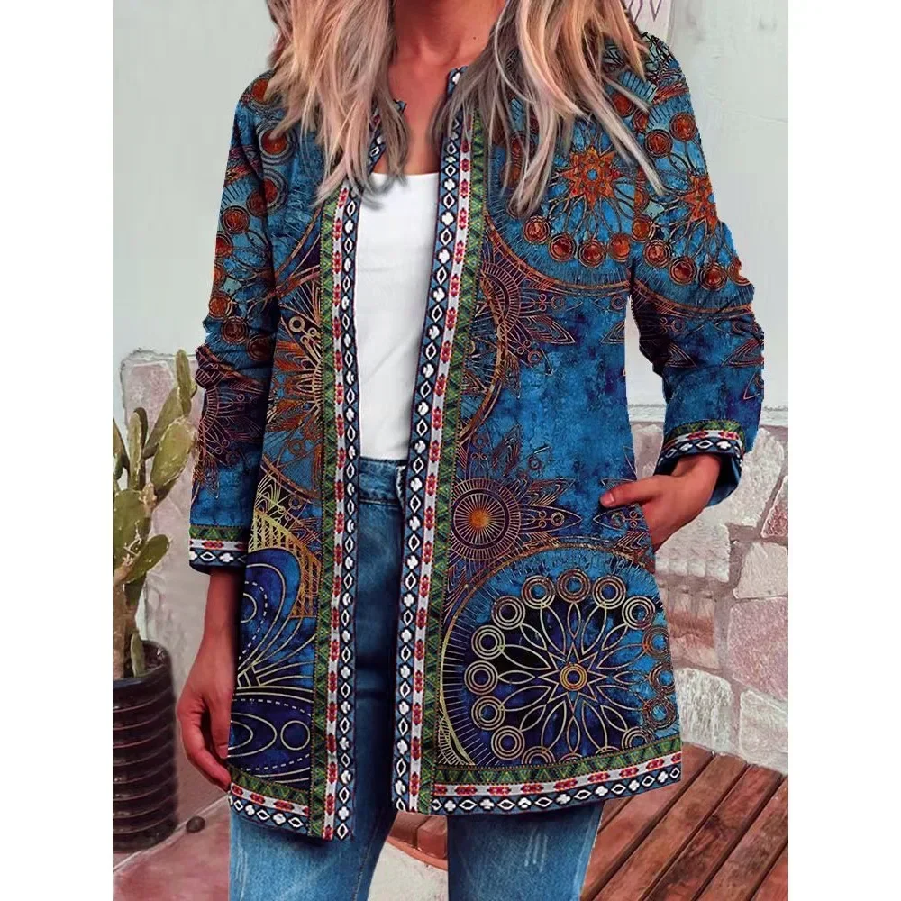 Plus Size Women Autumn/Winter Retro Ethnic Style Printed Long Sleeved Coat Jacket Cardigan Women\'s Wear Women Clothing Tops Tops