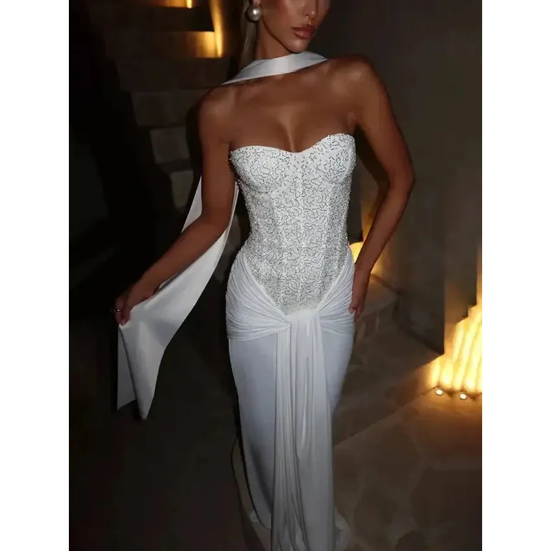 Brilho fora do ombro sexy maxi vestido feminino elegante glitter sem alças sem costas sem mangas drapeado ruched clube vestido de festa