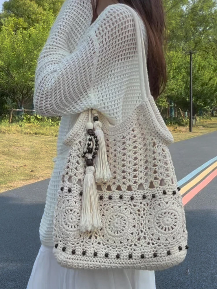 

Hylhexyr модная женская сумка с деревянной кисточкой из бисера, сумка на одно плечо, хлопковая тканая дизайнерская сумка на молнии