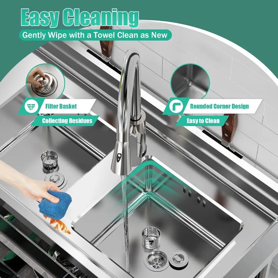 حوض المطبخ التجاري قائم بذاته 2 حجرة الفولاذ المقاوم للصدأ الإعدادية فائدة بالوعة 201 الفولاذ المقاوم للصدأ المطبخ قائما بذاته #6