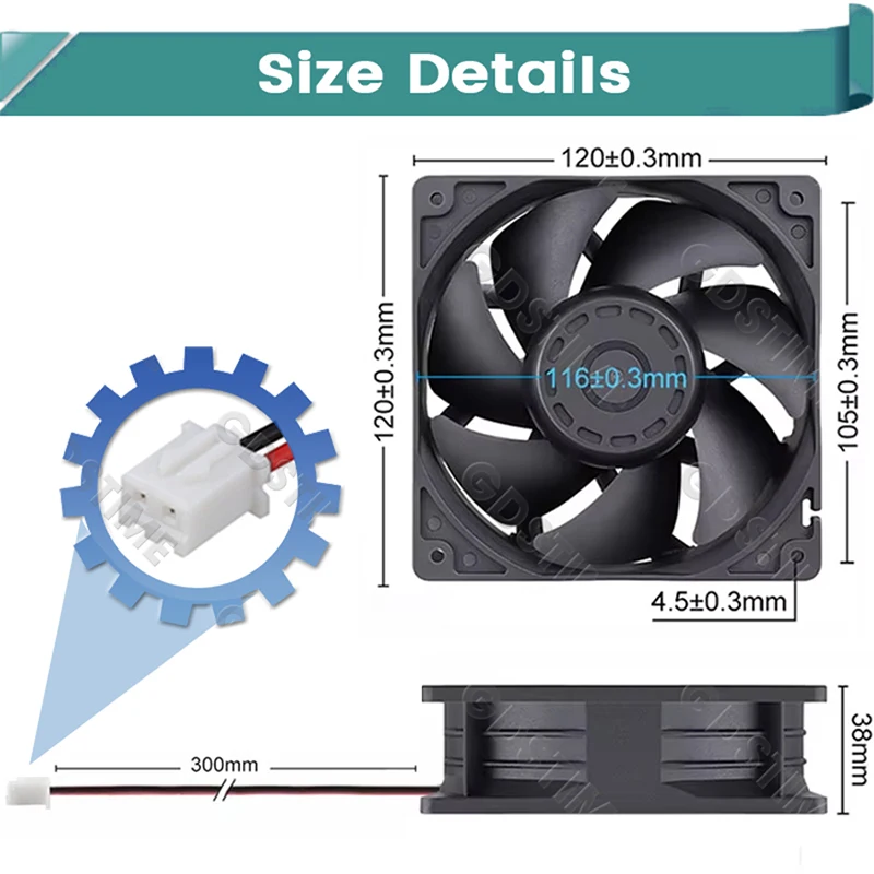 Gdstime DC 12V 24V 48V 12cm 120mm Dual Ball Cooler 12038 120x38mm Brushless Booster Fan for Btc Machine Chassis Cabinet Cooling image 5