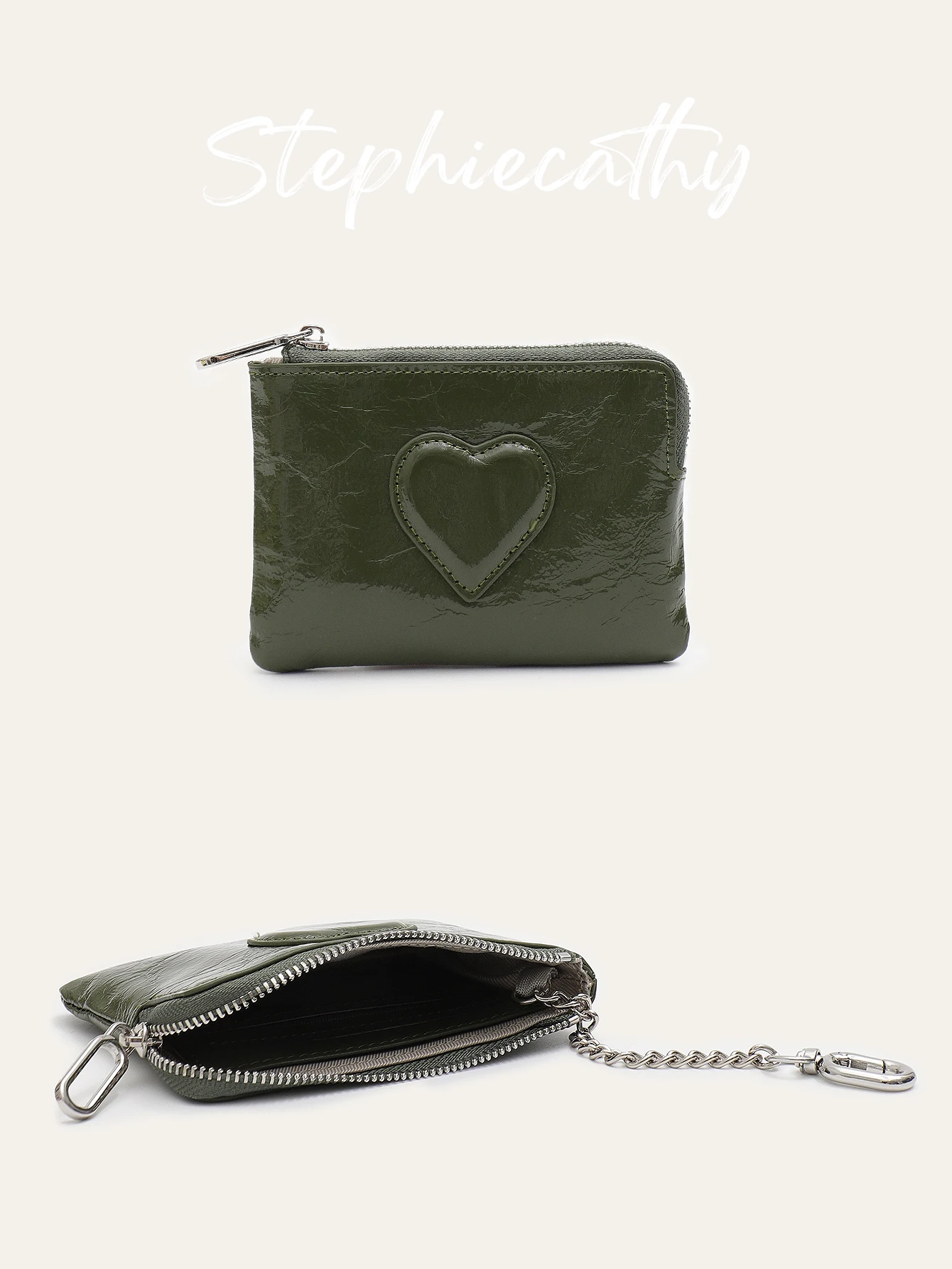 SC Women Textured Oil Wax Leather Zipper Short Wallet Heart Decoration Multi Card Slots Coin Purse with Keychain Portable Daily