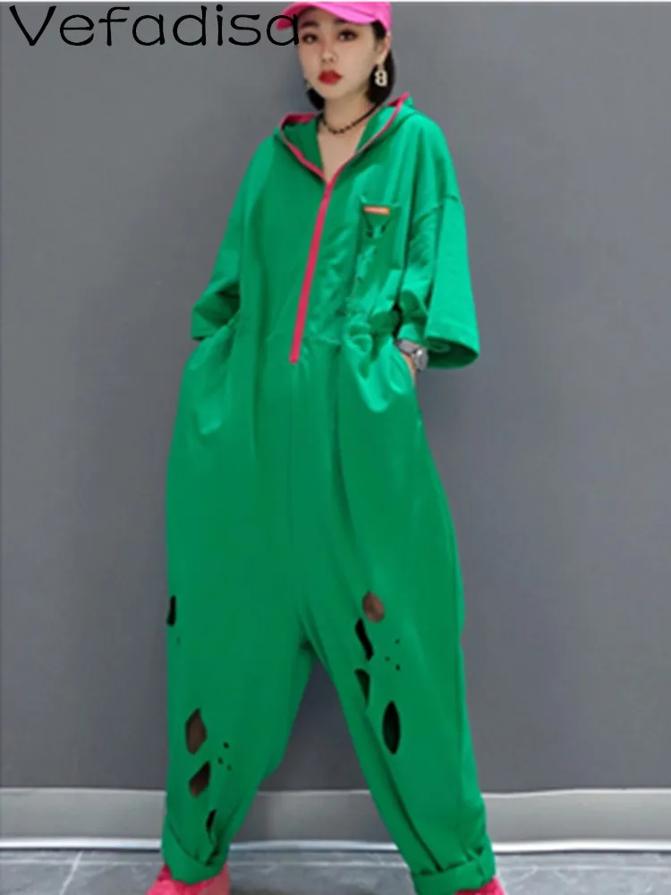 Green Orange 2024 Summer Short Sleeve Hooded Zipper Cardigan Jumpsuits Loose Solid Color High Waist Hole Jumpsuits Women LHX4151