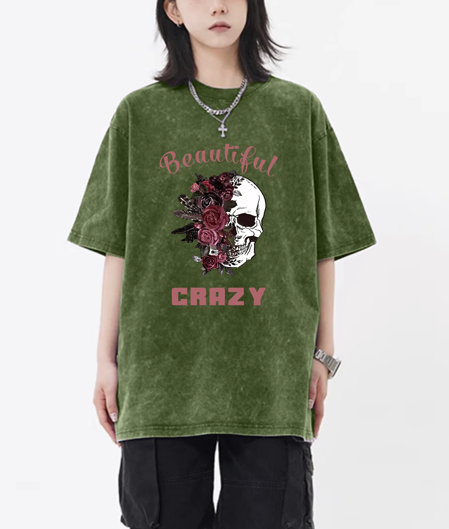 Beautiful Crazy Skull And Flowers Printed Snow Wash Womens T Shirt Cotton Cool Tee Shirts Unisex  Washed Short Sleeve Female image 4