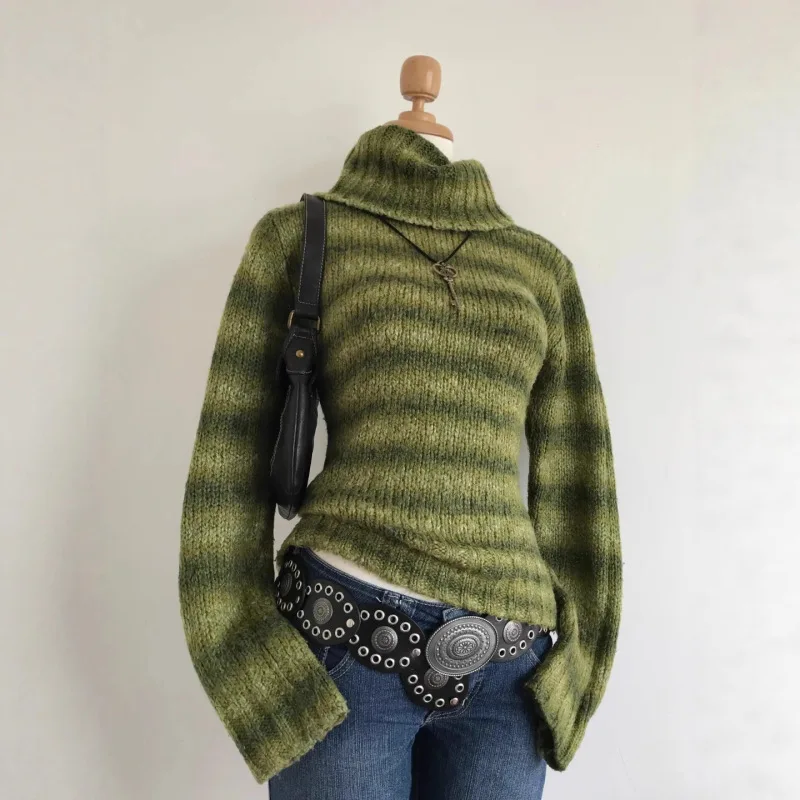 Neuer Y2K Vintage Strickpullover für Damen, Herbst-Winter, ästhetisch, einzigartig gestreift, langärmelig, hoher Kragen, vielseitig, schmal geschnitten, lässiges Oberteil.