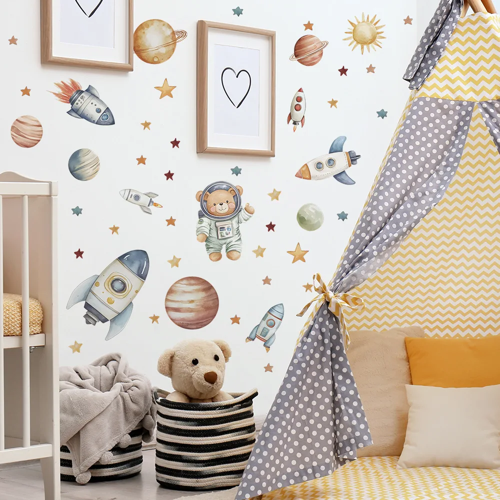 Cartoon Bear Astronaut Rocket Wall Stickers For Kids Room Background Decoration Mural Baby Bedroom Home Decor Removable Decals