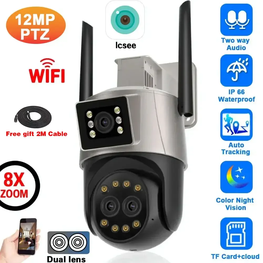 

12MP 6K HD External WiFi IP Camera Outdoor 8x Zoom Three Lens Dual Screen Onvif Security Protection CCTV Surveillance ICsee 4K