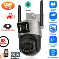 12MP 6K HD External WiFi IP Camera Outdoor 8x Zoom Three Lens Dual Screen Onvif Security Protection CCTV Surveillance ICsee 4K