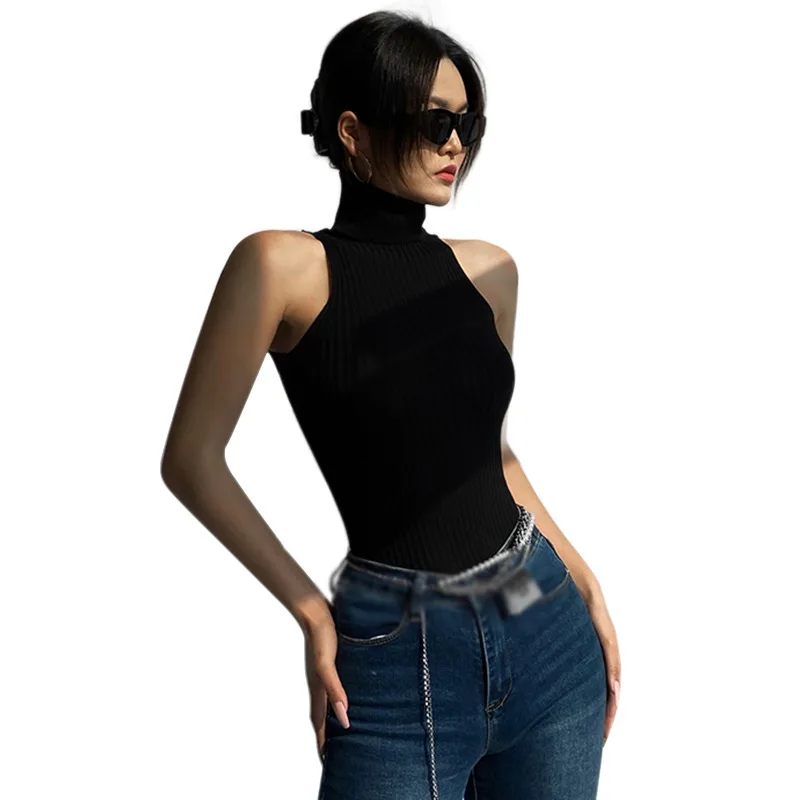 Women's High Neck Tank Top Slim Fit Sexy Knitted Sleeveless Tank Top Slim Fit Pullover T-shirt