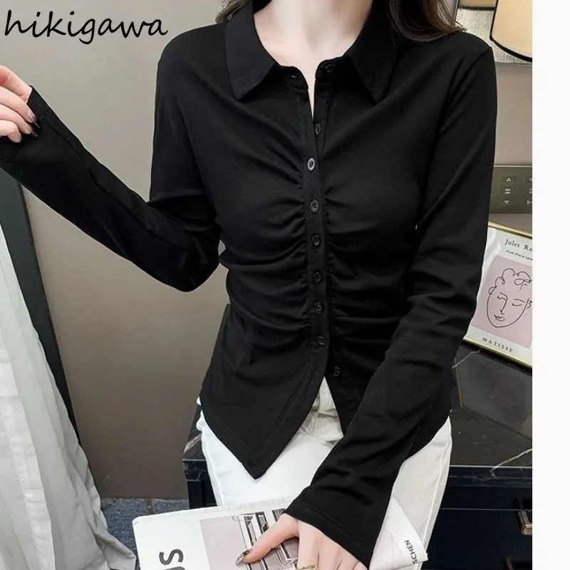 Long Sleeve Tunic Women Blouses Camisas De Mujer 2024 Temperament Ladies Tops Slim Waist Folds Single Breasted Shirts Blouse