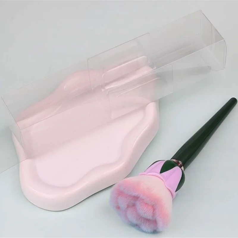 Pennello per trucco a forma di fiore di rosa Manico in legno Pennello per fard in polvere super grande con setole rosa morbide Strumento cosmetico multiuso