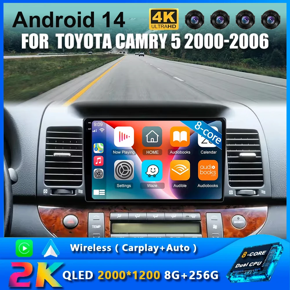 Android 14 Wireless Carplay Auto Car Radio For Toyota Camry 5 XV 30 2001 - 2006 Navigation GPS Multimedia Player Stereo WIFI+4G