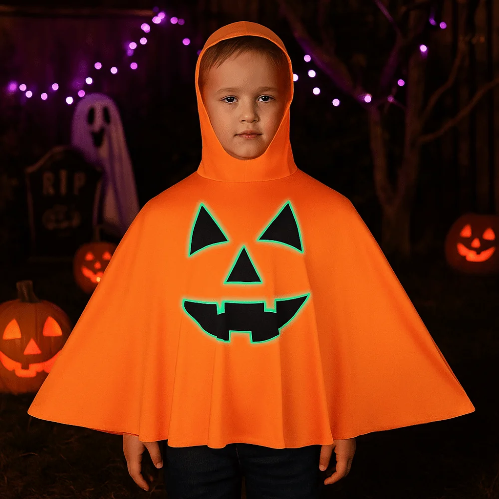 

Cool Halloween Noctilucent Pumpkin Cloak Fun Glowing Ghost Face Shawl Loose Creative Party Dress Up Cloak Stage Performance