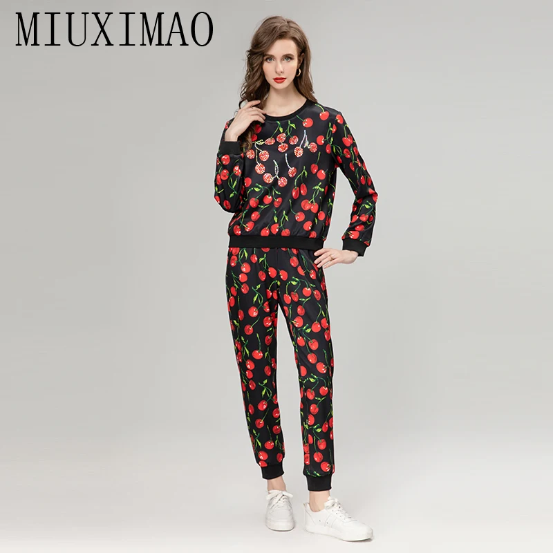 MIUXIMAO 2023 Fall sets for women 2 pieces Luxury Sicily Elegant Set Prints Cherry Top+ Slim Pants Fashion  pants sets  women