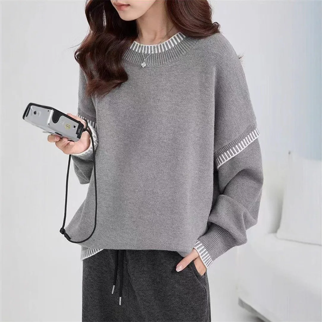 

Fashion Color Block Design Autumn Winter Top Loose Fit round Neck Knitted Sweater Women's Style Comfortable Korean Casual