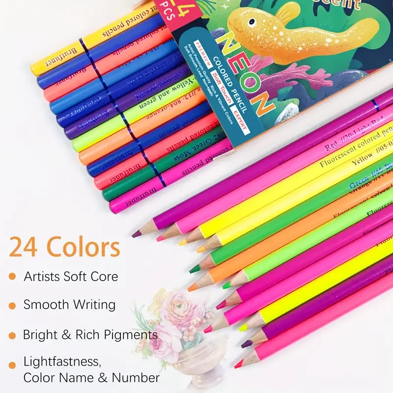 Brutfuner 24 fluorescent oil-based colored pencils, fluorescent colored pencils, Artists Soft Core with Vibrant Color, sketching