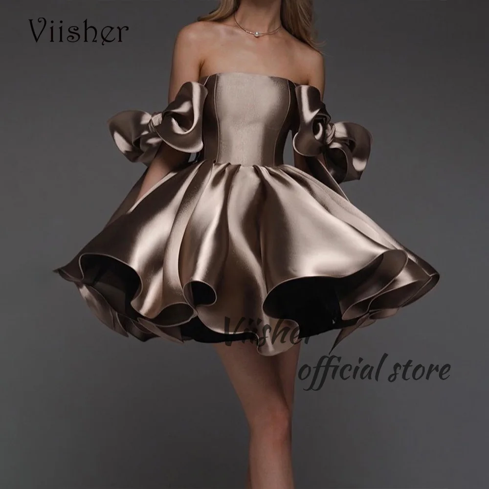 Viisher Brown Short Homecoming Prom Dresses with Bow Pockets Strapless Evening Party Dress Above Knee Graduation Event Gowns