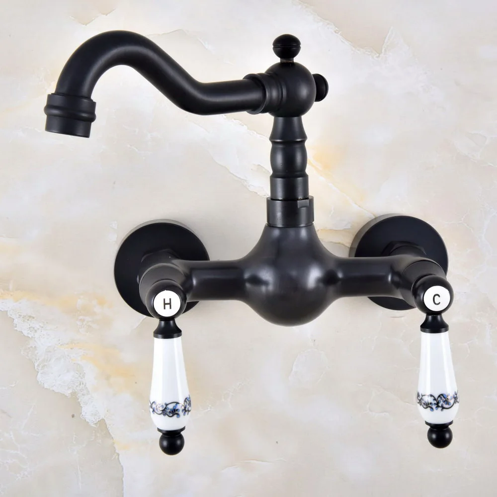 Zwarte Olie Gewreven Brons Wandmontage Badkamer Aanrecht Kraan Draaibare Uitloop Mengkraan Dual Keramiek Handgrepen Hevels anf859
