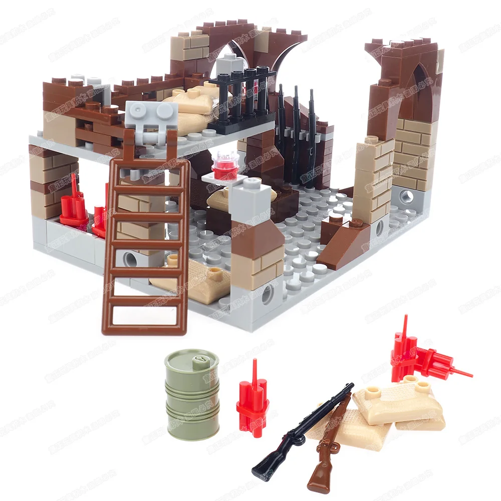 Military Battle Damaged House Building Block Assembled Moc WW2 Ambush Figures Weapons Search Scenes Equipment Model Gift Boy Toy