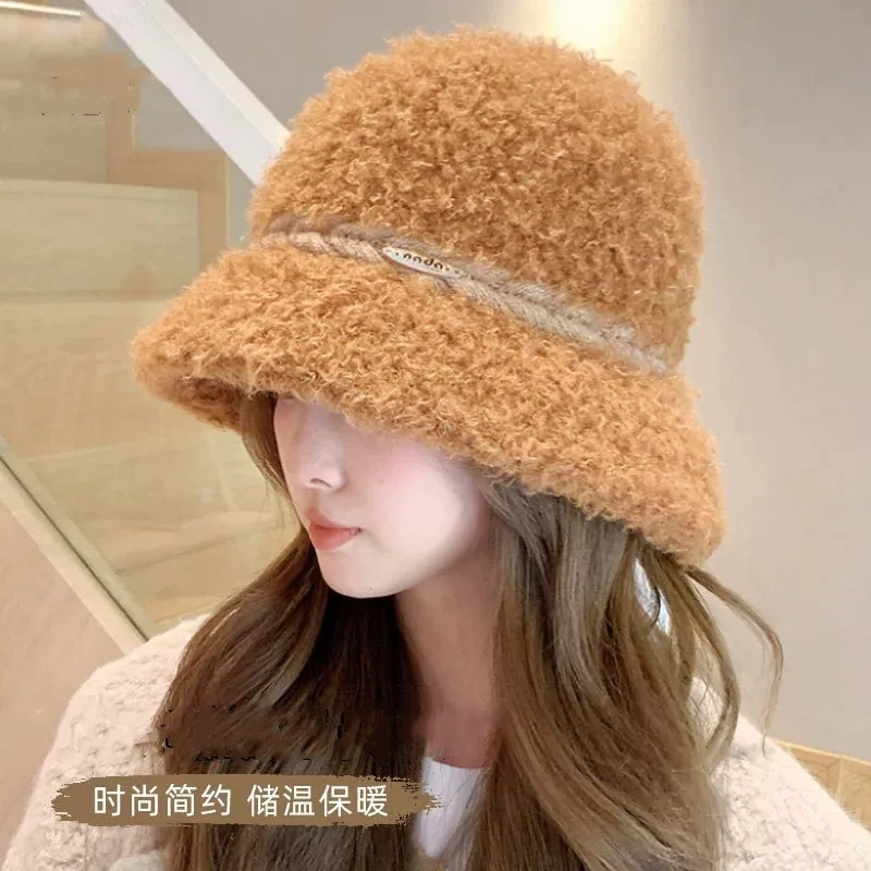 

Корейская плюшевая рыбацкая шапка с металлической этикеткой, осенние и зимние теплые уютные шапки для женщин