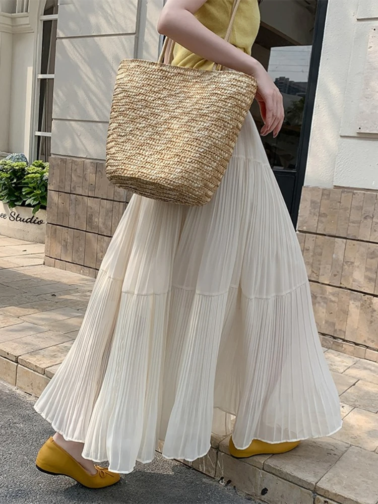 Loose Big Swing A-line Maxi Skirt 2026 Spring Autumn Pleated Chiffon Women Skirts Elegant Flowy Wide Hem Casual Bottoms